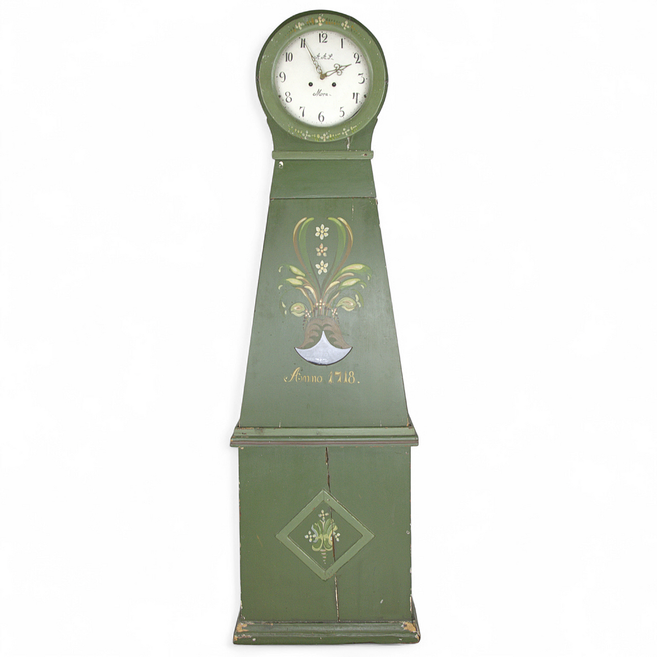 MORAKLOCKA, green painted with floral decor, dated 1718, dial marked AAS, Mora.