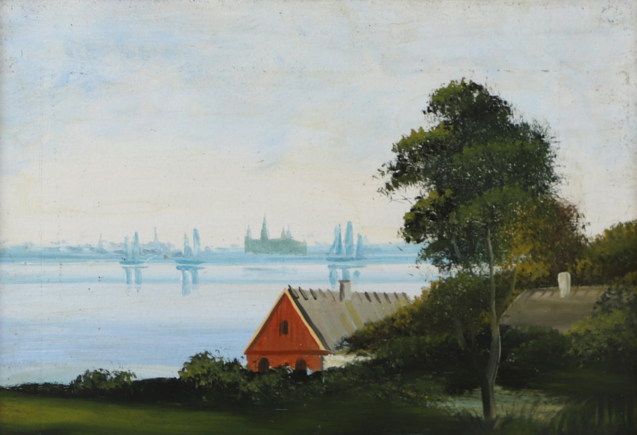 OKÄND KONSTNÄR. Coastal part with Kronborg, oil on panel, unsigned.