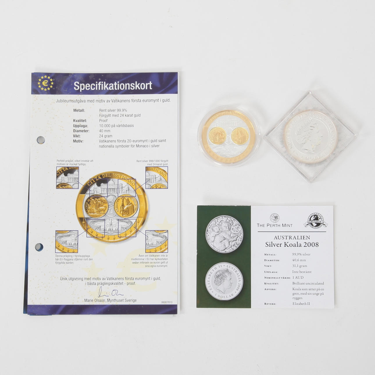 Commemorative coins SILVER, 2 pcs, 1 AUD Silver Koala 2008, Australia and  Euro Citta Del Vaticano with gold plating. Coins, Medals & Stamps - Coins &  Banknotes - Auctionet