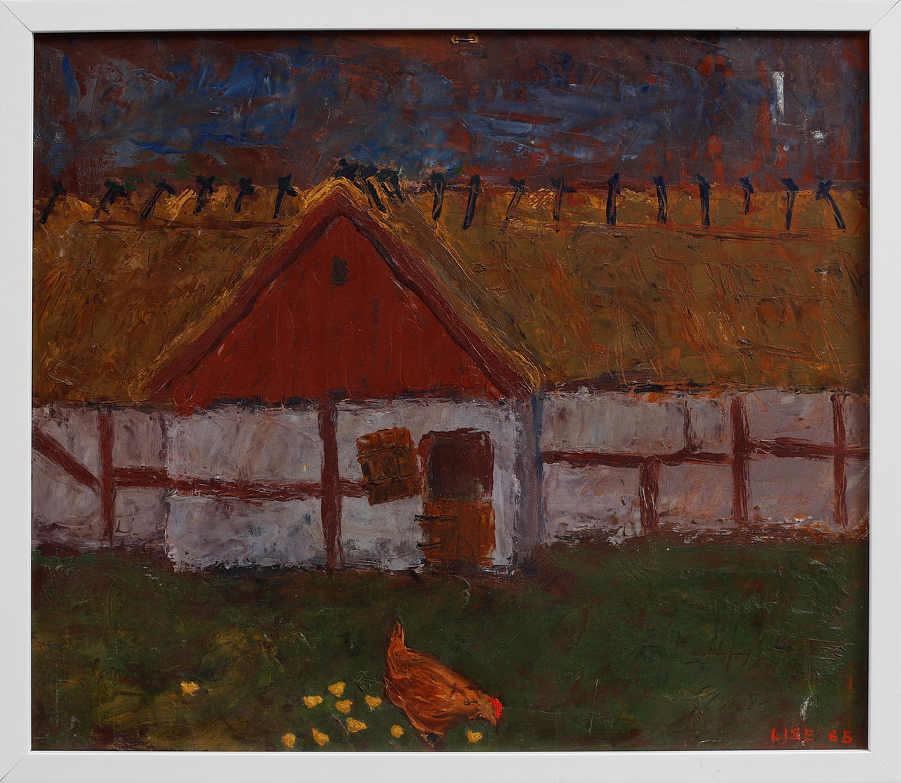 LISE DROUGGE. Farm motif, oil on panel, signed and dated 65.
