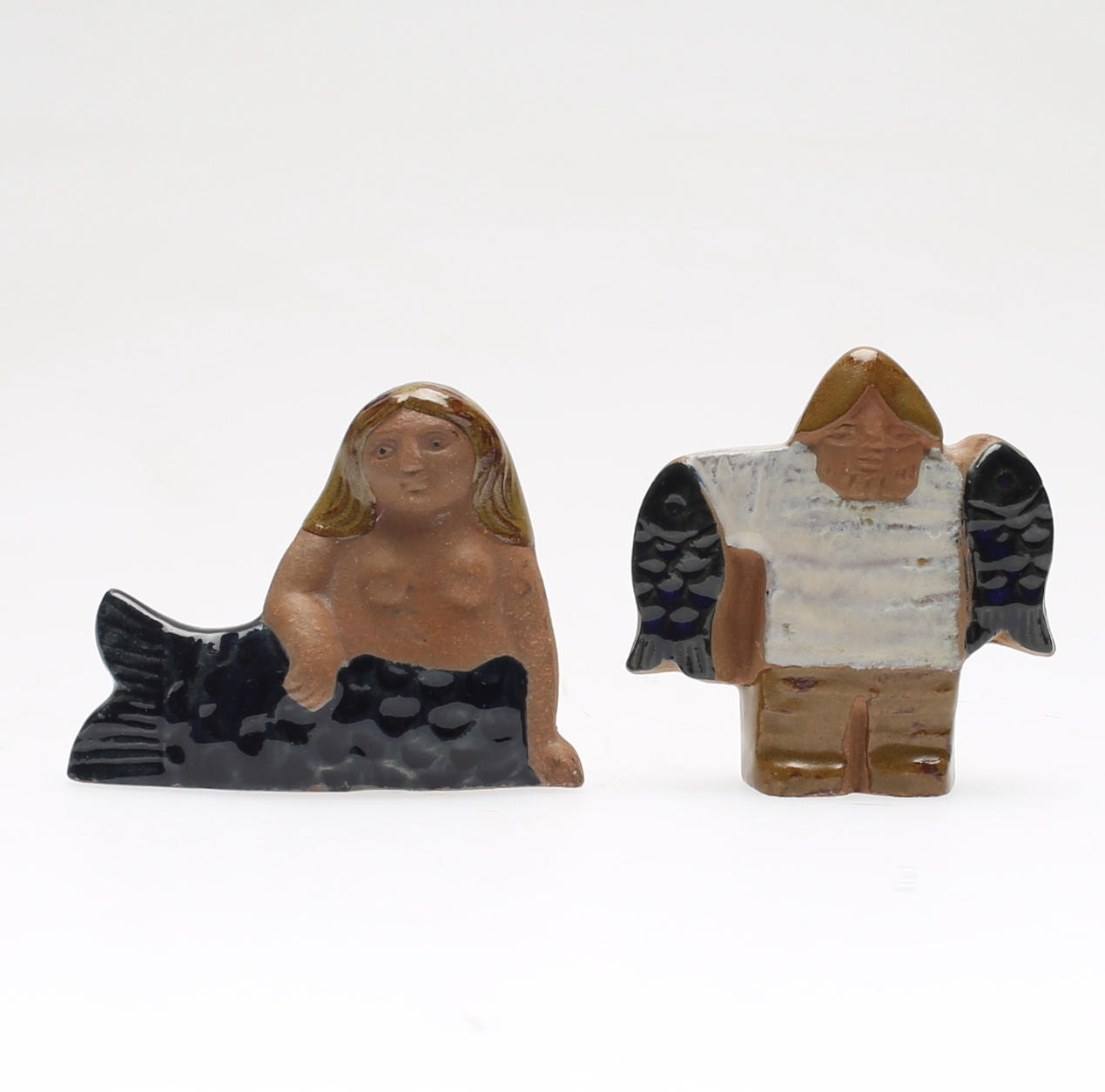 FIGURINER, 2 st, "Fiskare" & "Sjöjungfru" ur serien Miniatyrer, Lisa Larson, Gustavsberg.