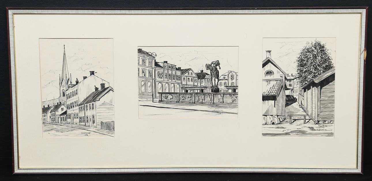 OIDENTIFIERAD KONSTNÄR. ink drawings, motifs from Linköping.