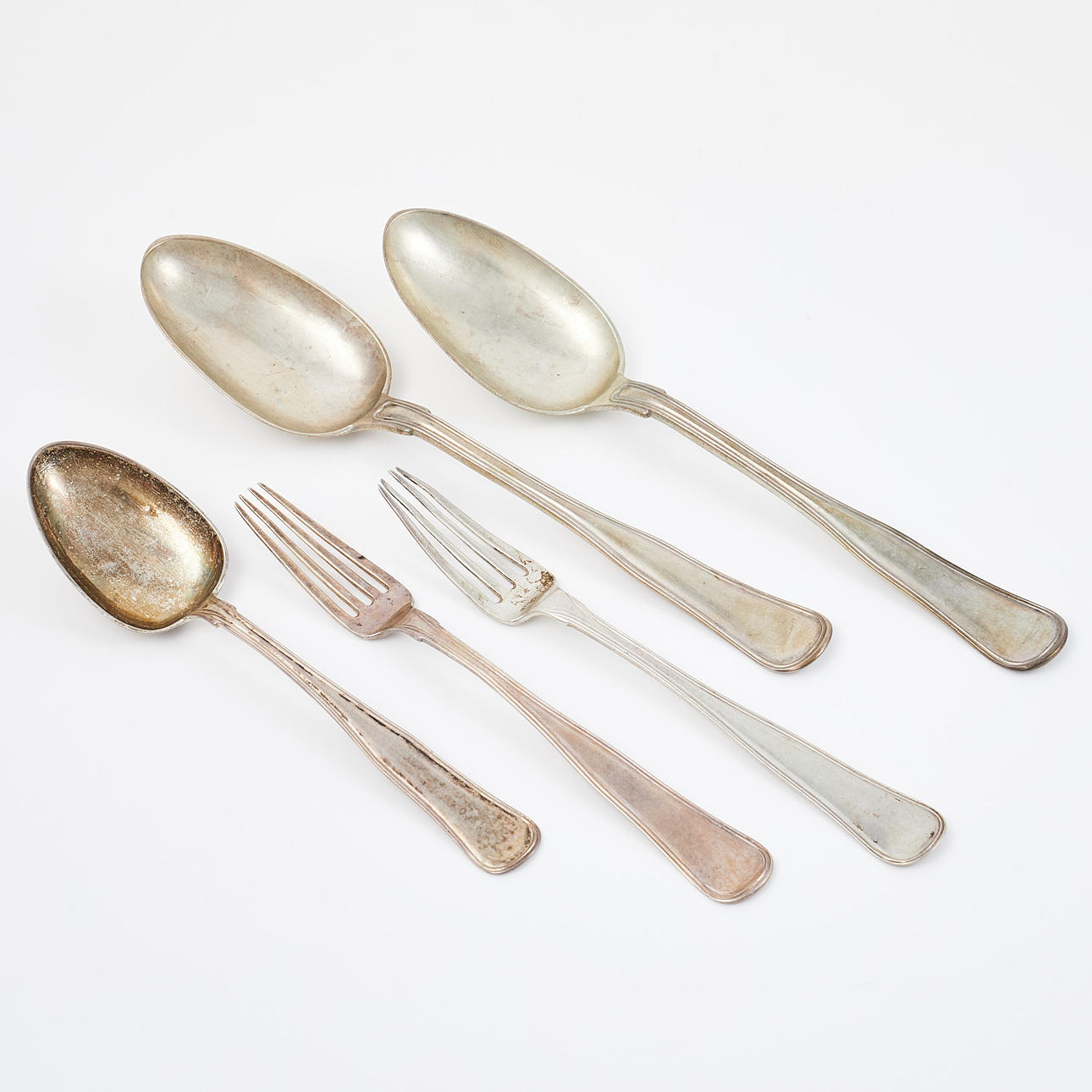 SPOONS & FORKS. Silver, 2+1+2 dlr., Old Danish model, 1850/60s, gift and monogram engraving, various blacksmiths and localities, Denmark.