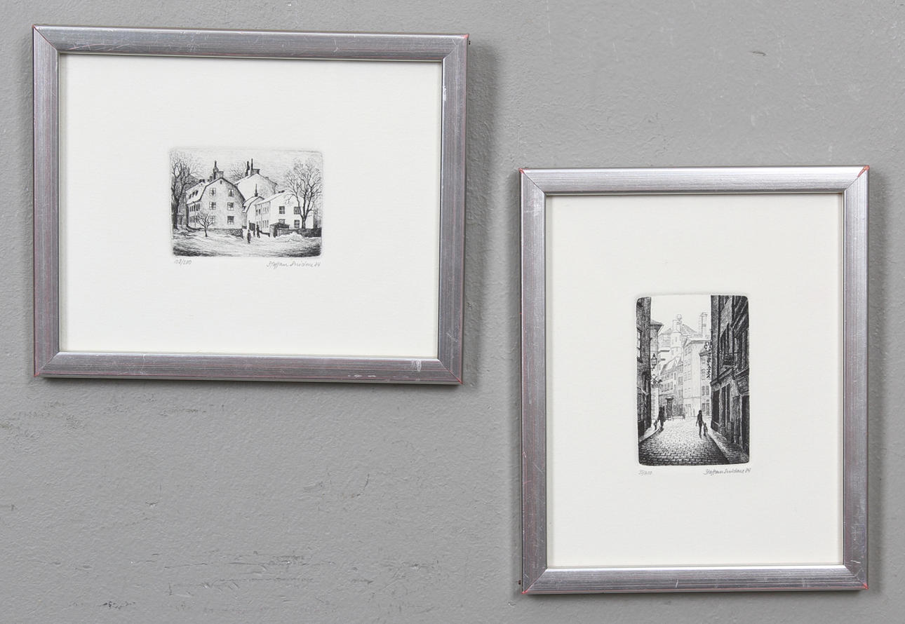 STAFFAN SNIDARE. 2 st, etsningar. Stadsbilder. Signerade och daterade 84. Numrerade 35/200 resp. 108/200.