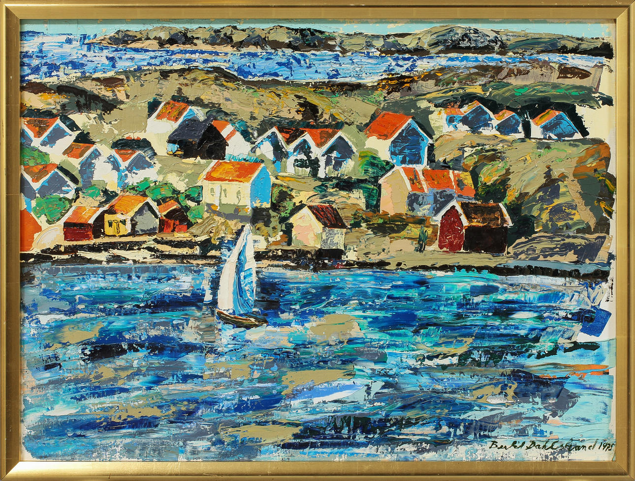 BERTIL DAHLSTRAND. "Sommarmorgon i Kyrkesund", olja på duk, signerad.