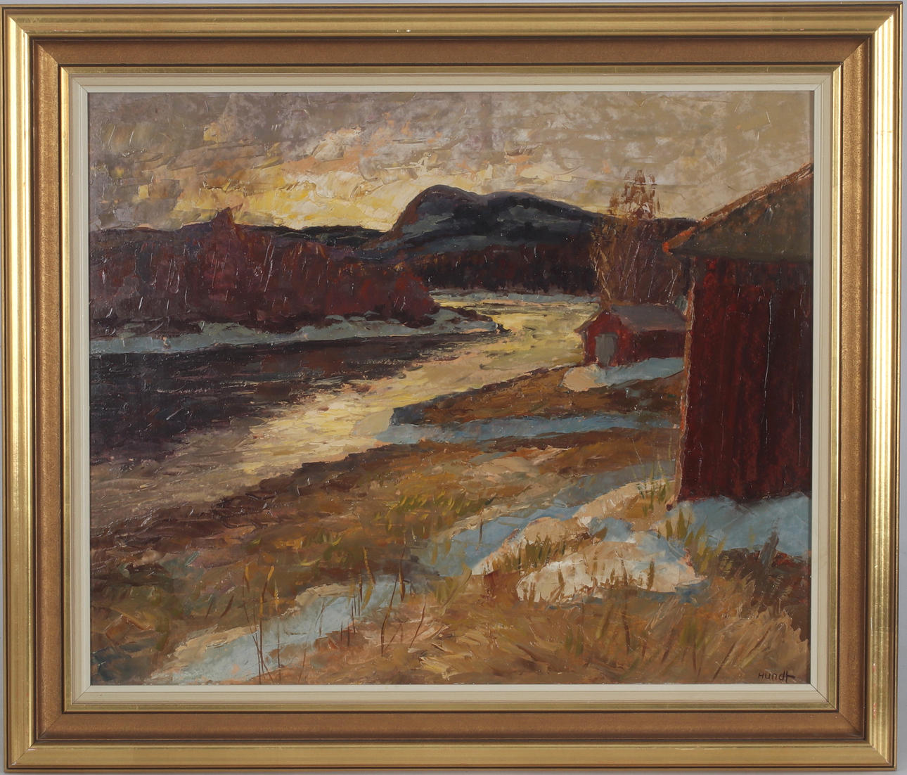 WILHELM HUNDT. River landscape, oil on panel, signed.