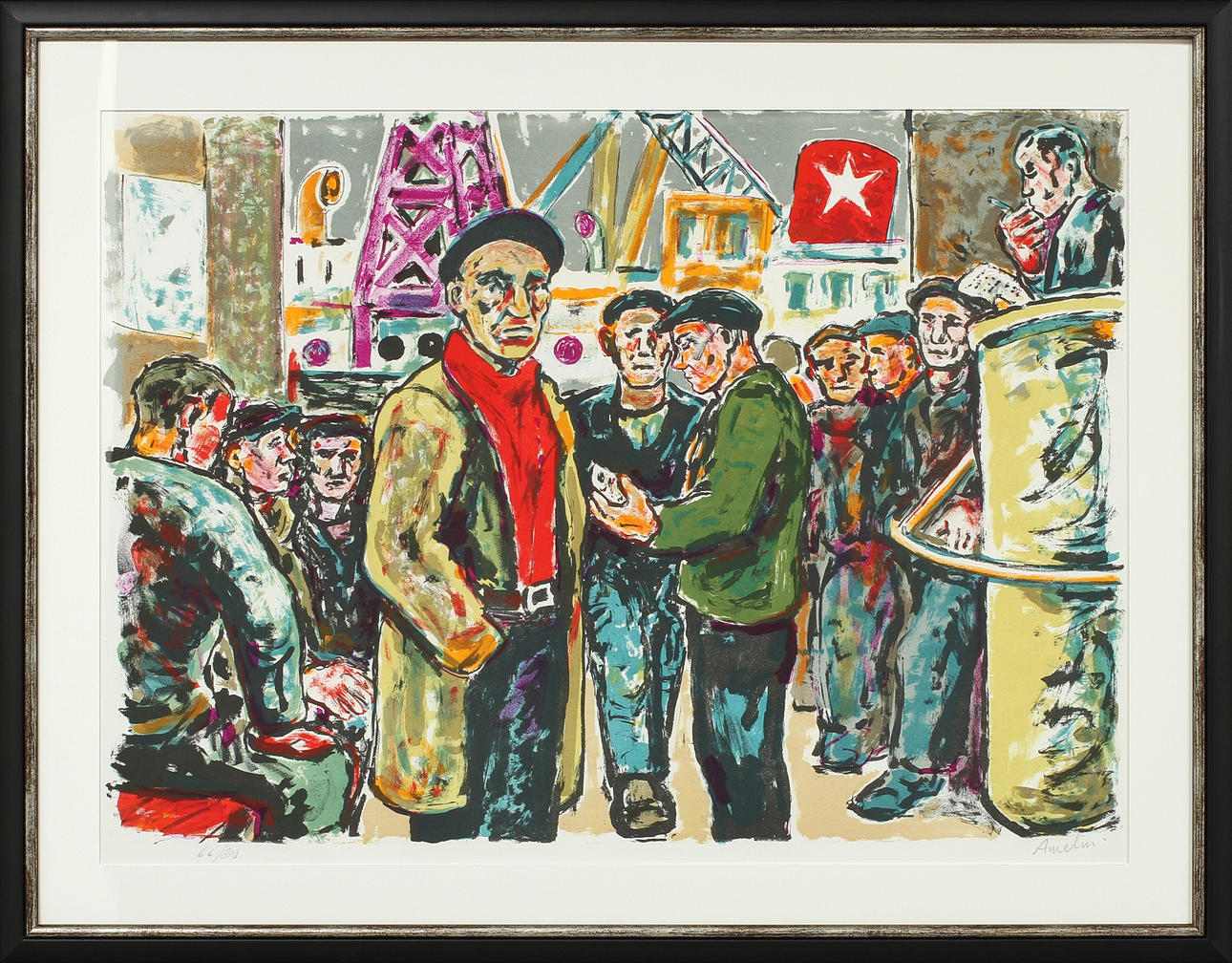 ALBIN AMELIN. "Upprop i hamnen", färglitografi, signerad och numrerad 66/310.