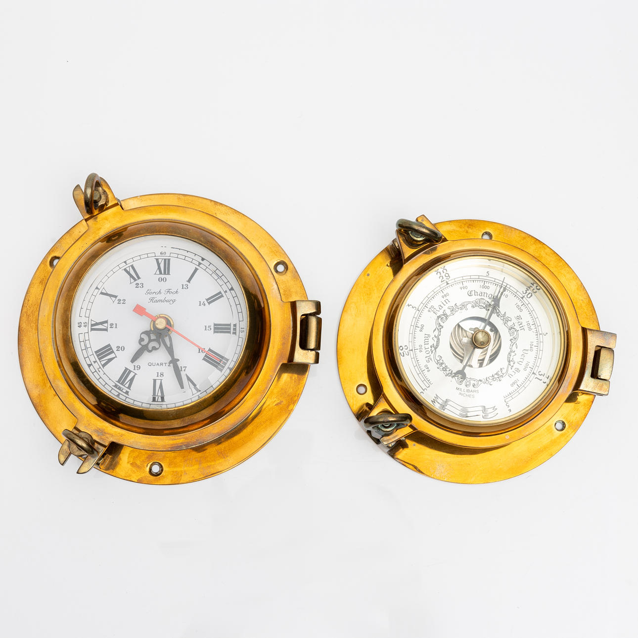 BAROMETER and CLOCK for wall, brass, blue Gorch Fock, Hamburg.