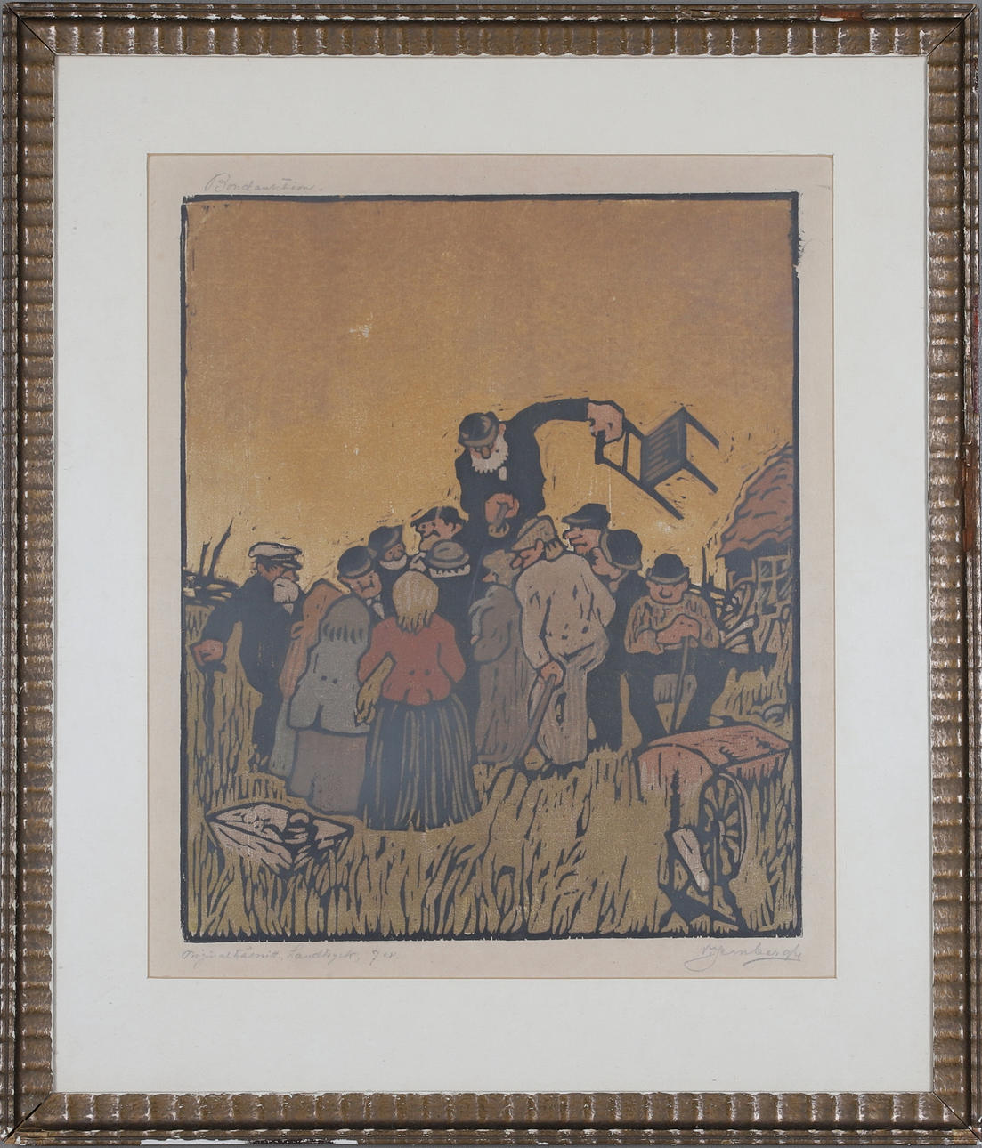 VICTOR JERNBERG. “Bondauction”, colour woodcut, signed.
