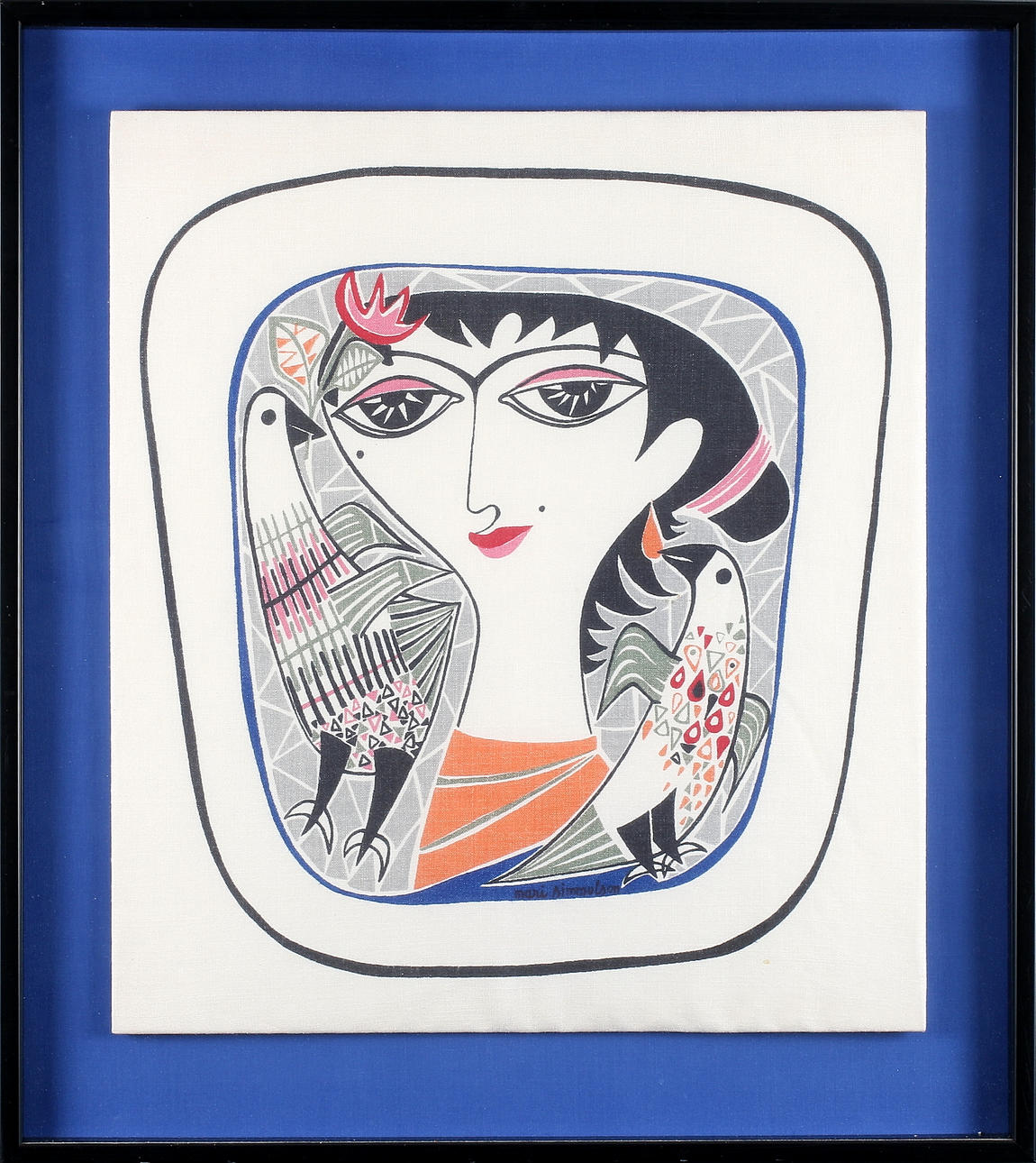 MARIE SIMMULSON. Textil, handtryckt linne, signerad, tillverkad för NK textilkammare av Sten Hultberg, 1950/60-tal.