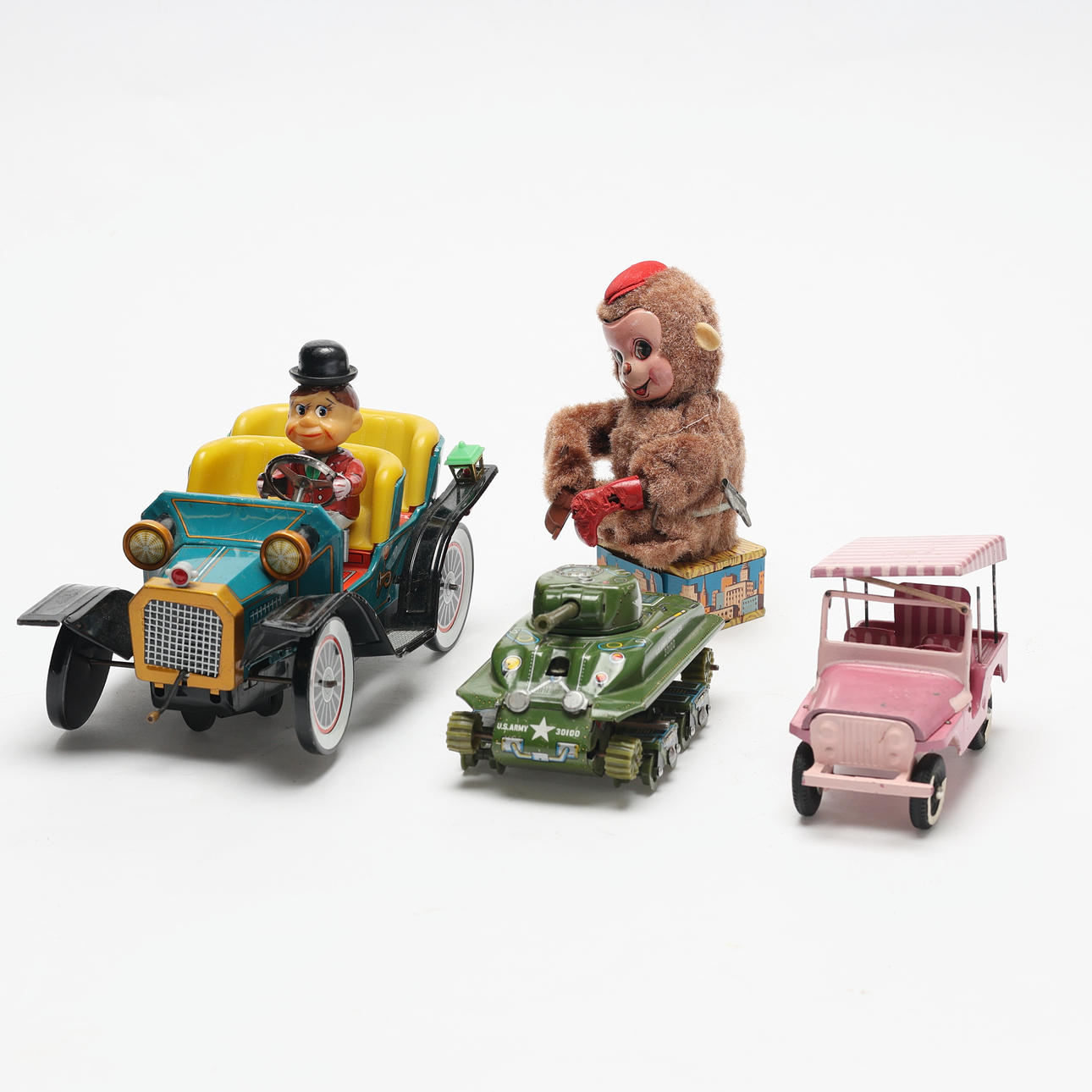 3 TOY CARS+ MONKEY, mid 20th century.