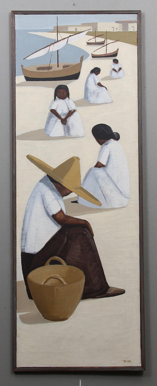 IDEWALL. Strand med båtar och människor. Olja på duk. Signerad.