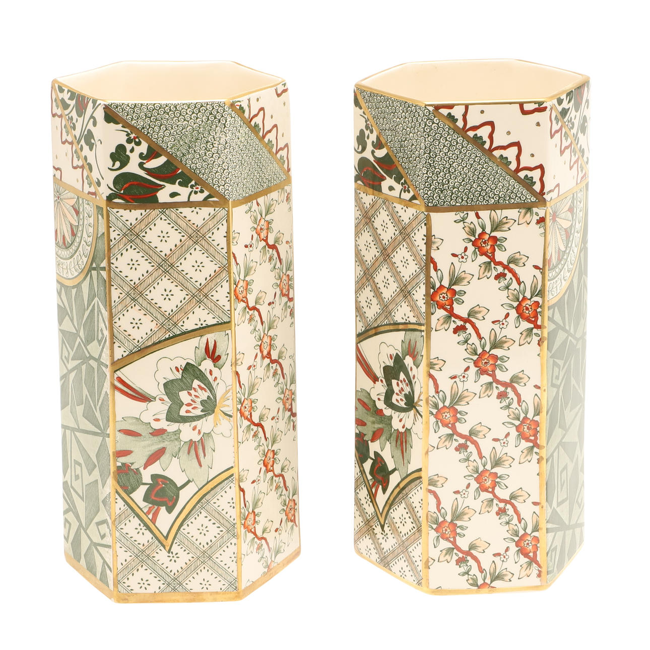 A PAIR OF MASONS HEXAGONAL VASES.