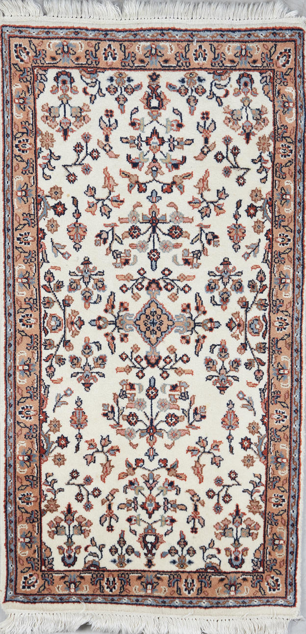 Oriental rug, ornamental, virgin wool, beige background.