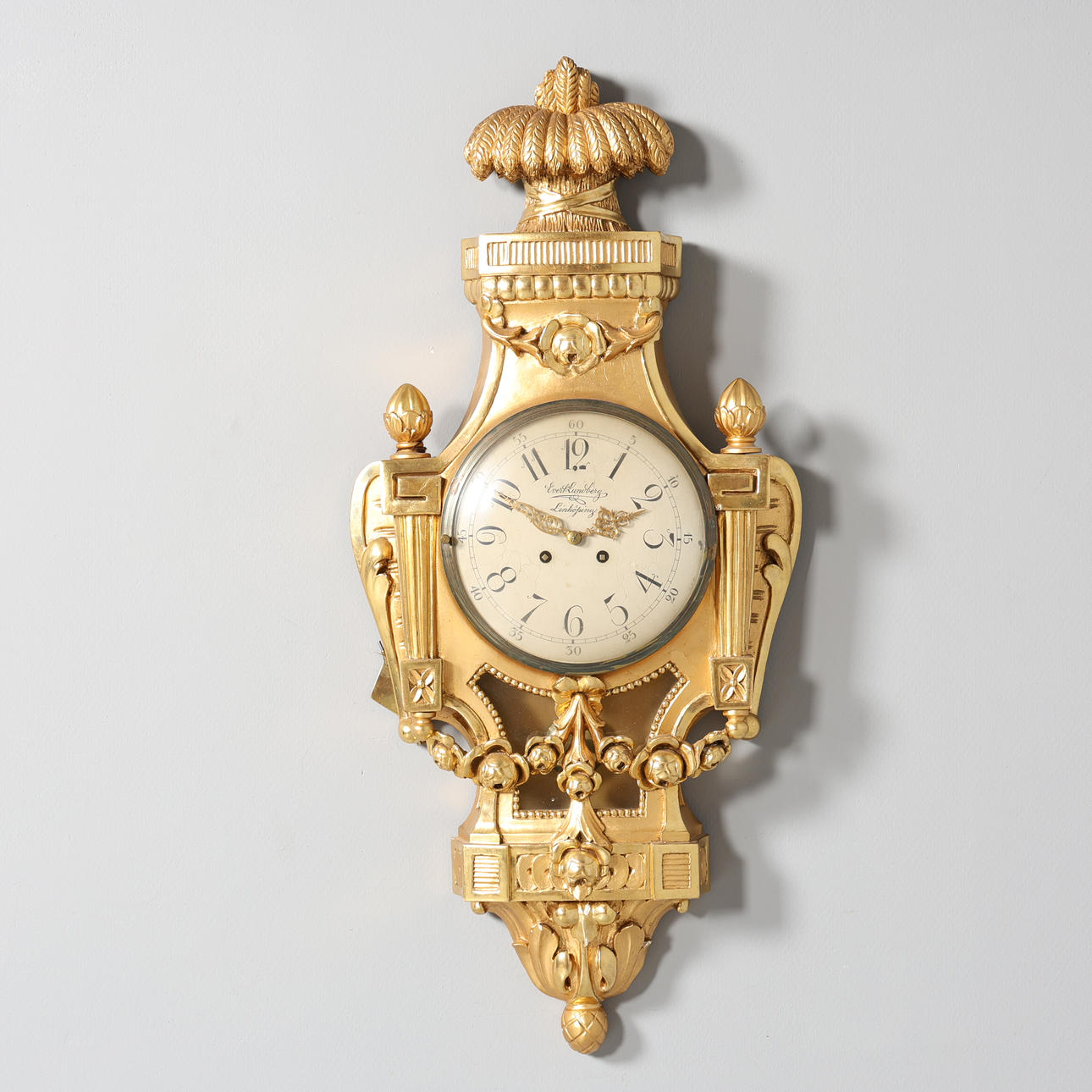 A gilded Gustavian style wall clock, Evert Lundberg Linköping.
