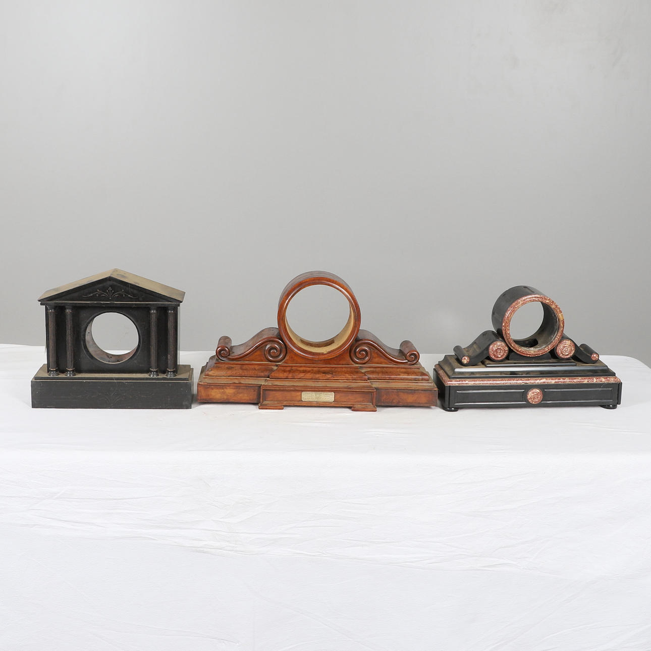 THREE 19TH CENTURY MANTEL CLOCK CASES.