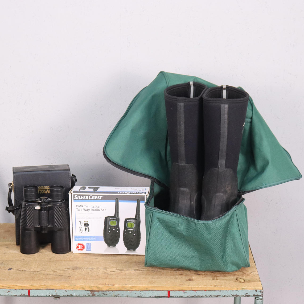 HUNTING, boots, binoculars and radio set.