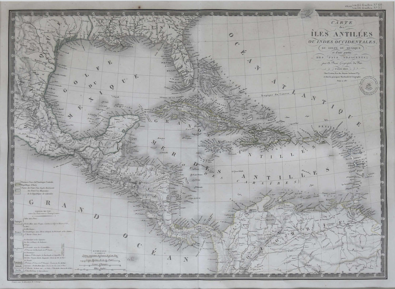 BRUÉ, ADRIEN-HUBERT. GRÄNS-FÄRGAD KARTA ÖVER ANTILLERNA.