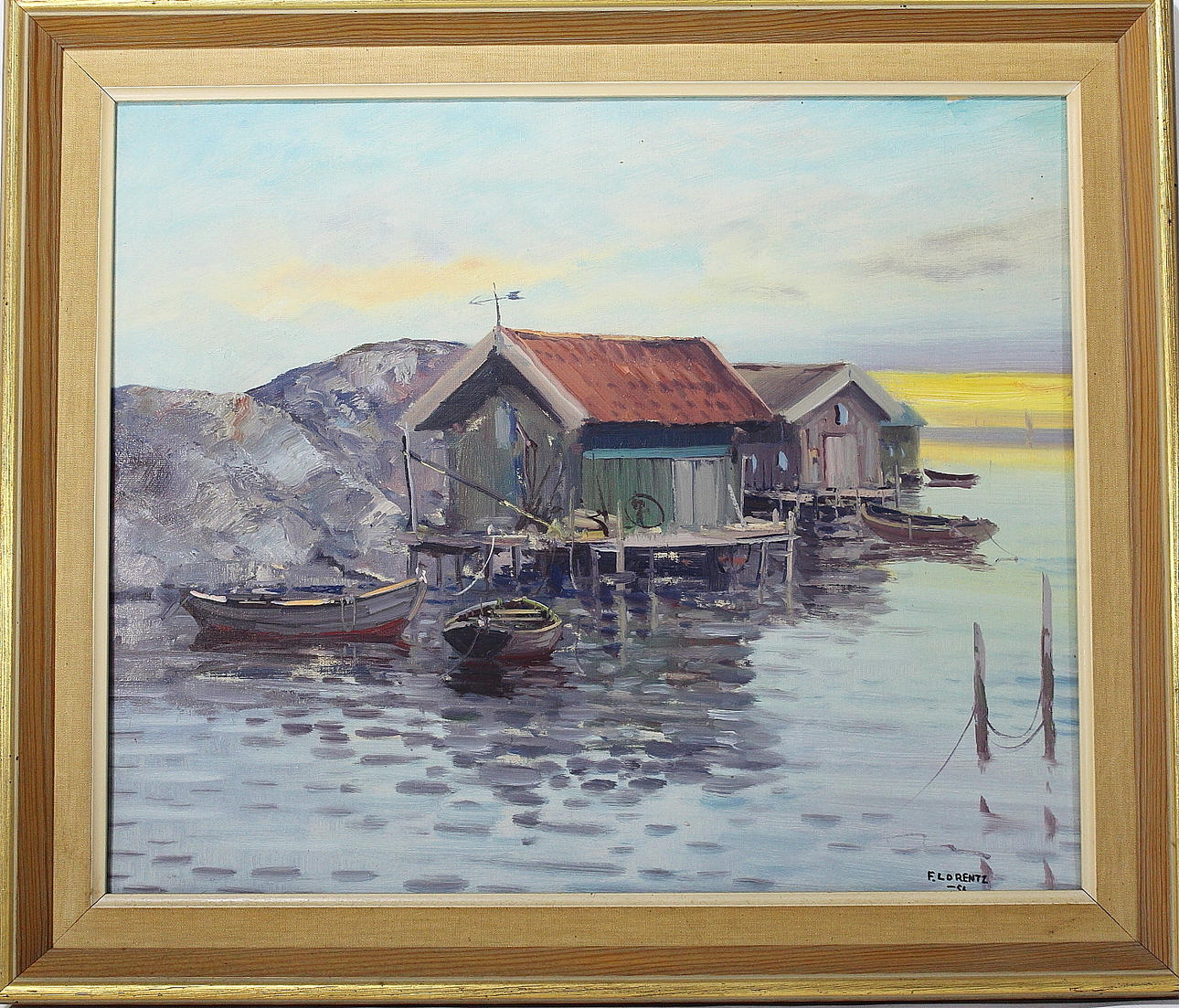FRANS LORENTZ. olja på duk, sjöbodar, signerad daterad 1956.