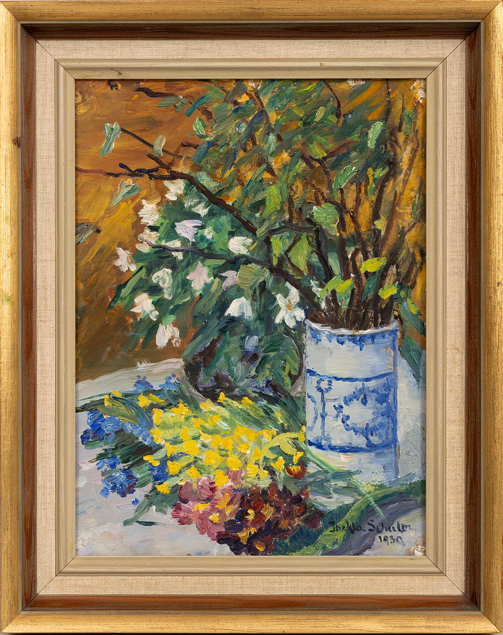 THEKLA SCHULTZ. Flower still life, oil on panel, signed, dated 1930.