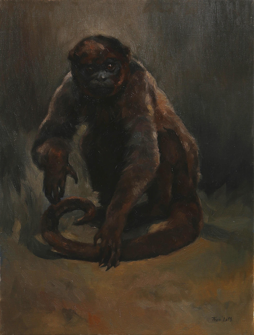 THEODORA DANIELA CAPAT. Sittande apa, olja på duk, signerad Theo och daterad 2013.