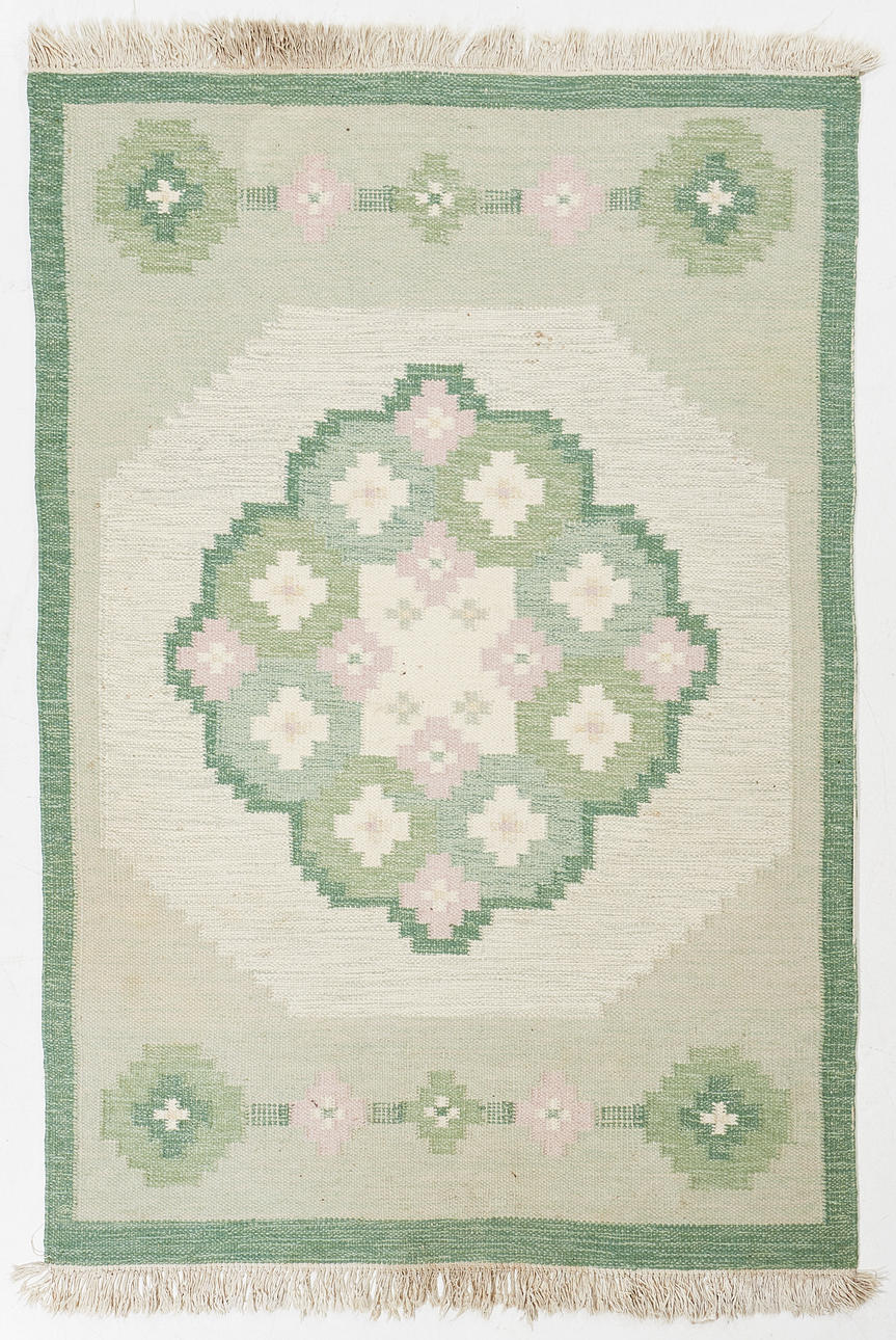 CARPET, willow, green, pattern of stylized flowers.