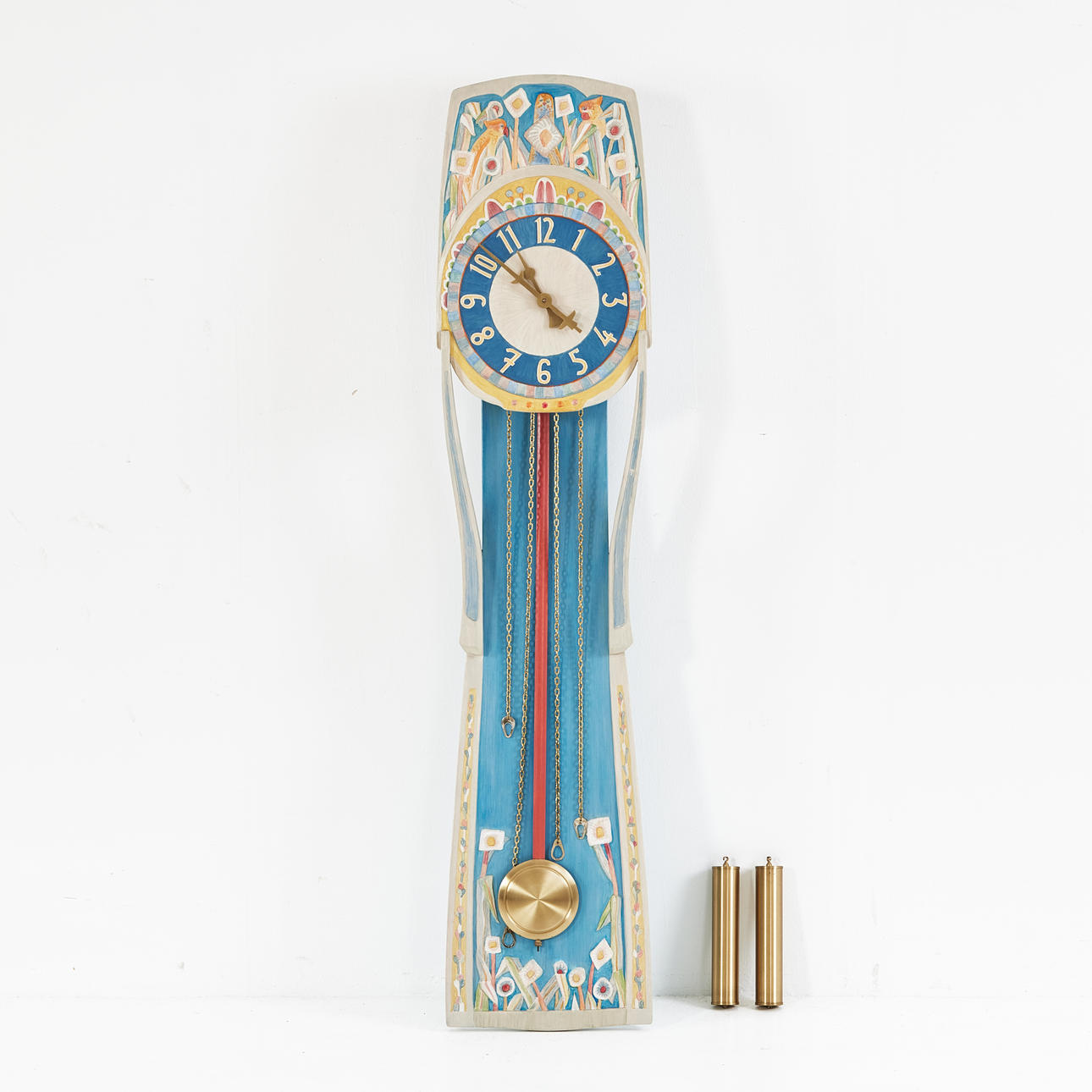 VIDAR MALMSTEN. Wall clock, “Vidar”, designed by Vidar Malmsten, 1955, made by master carpenter Göte Karlsson in 1981, painted by Liselotte Malmsten, 1982.