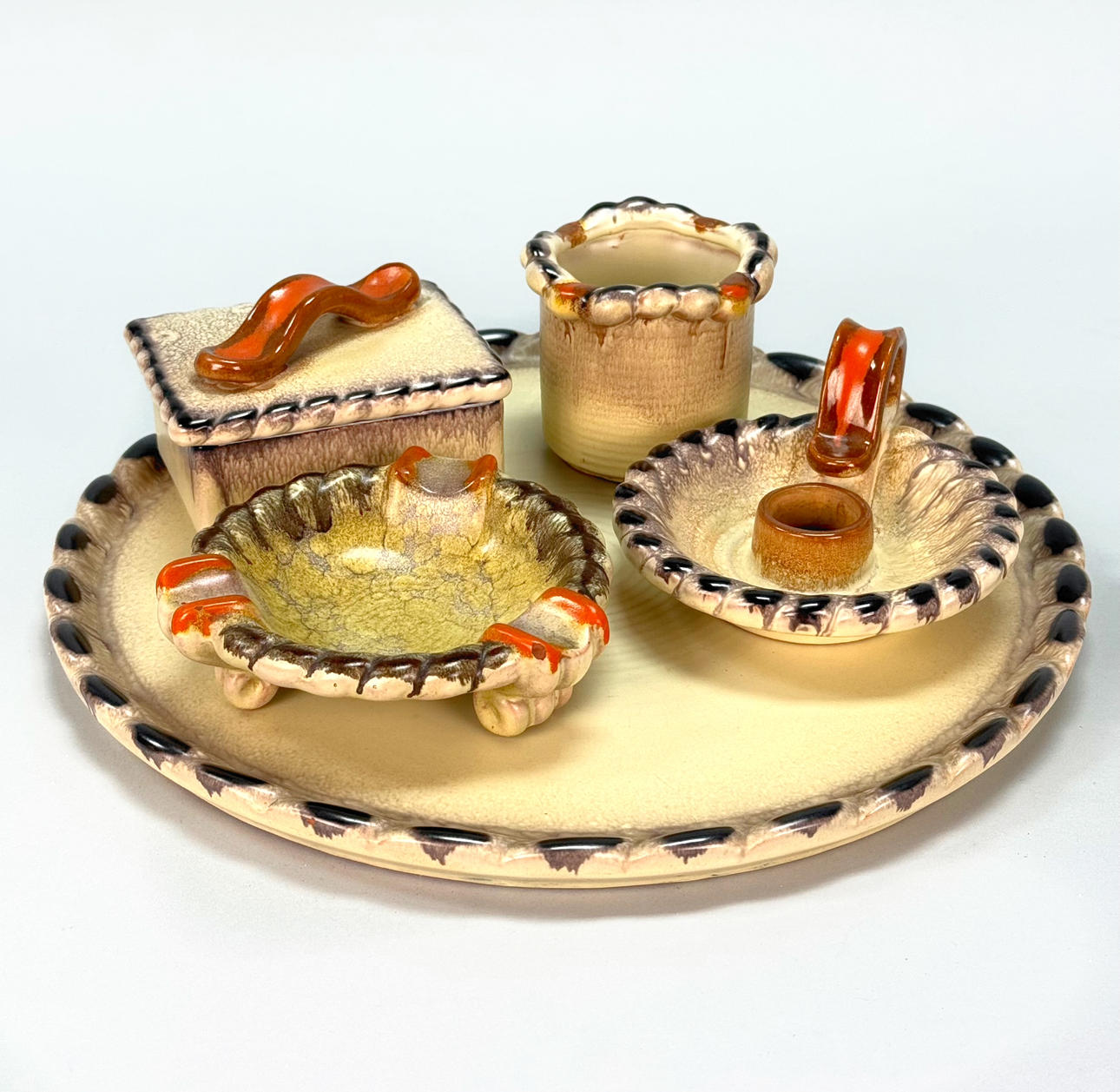 SMOKING DISH, ASHTRAY, CANDLESTICK, CUP, & BOX WITH LID, ceramic import mid 1900's.