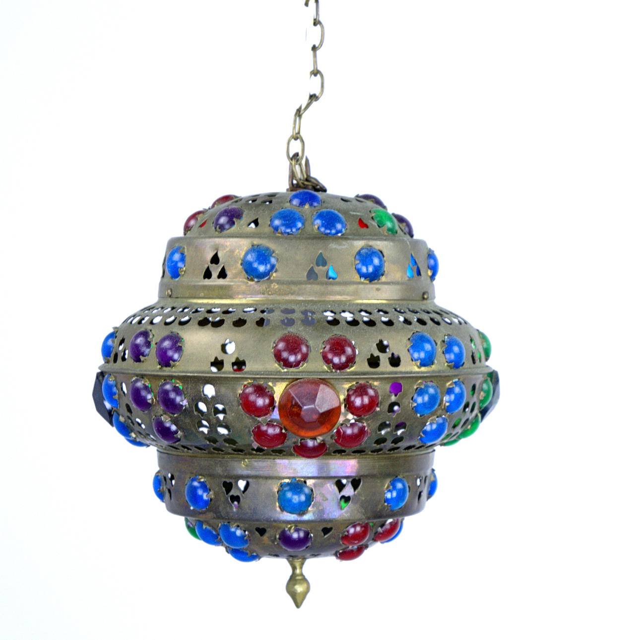 An oriental, openwork metal ceiling lamp with different coloured glass pieces, 1970-80's.