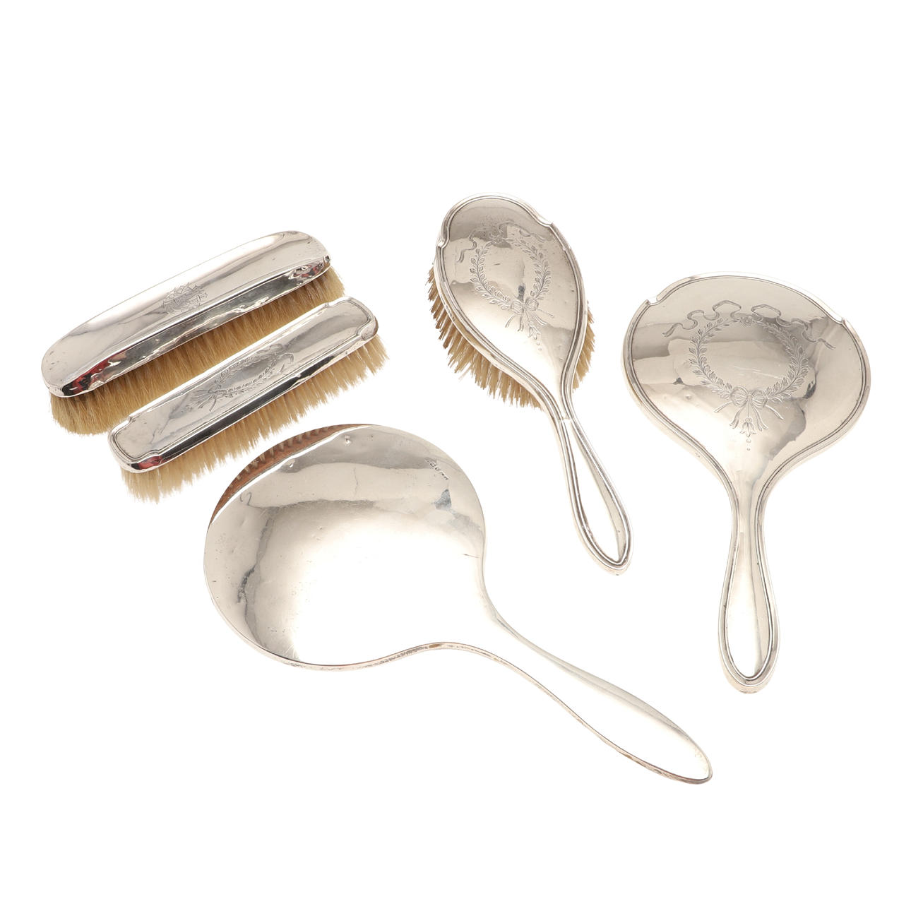 A COLLECTION OF SILVER DRESSING TABLE MIRRORS AND BRUSHES.