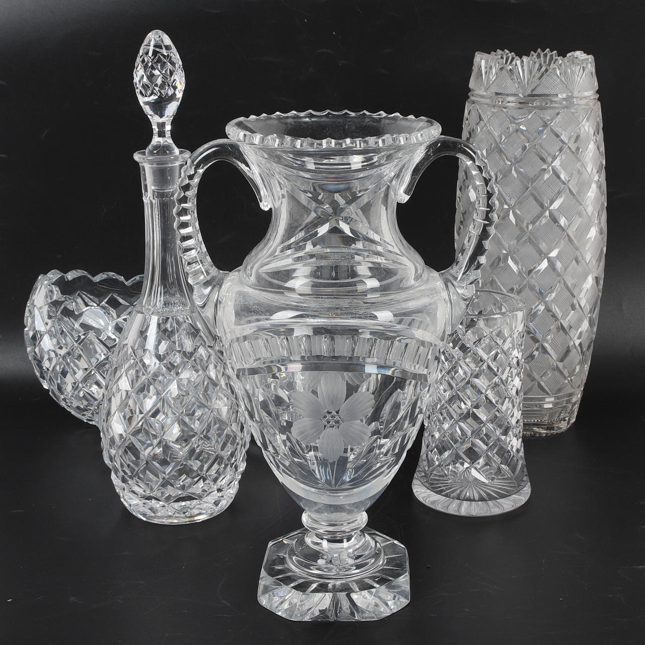 A set of 5 glass objects, pressed glass, 20th century.