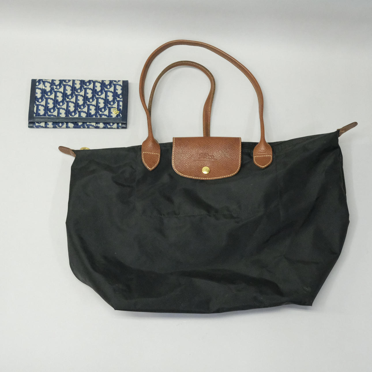 CHRISTIAN DIOR WALLET AND LONGCHAMP BAG.
