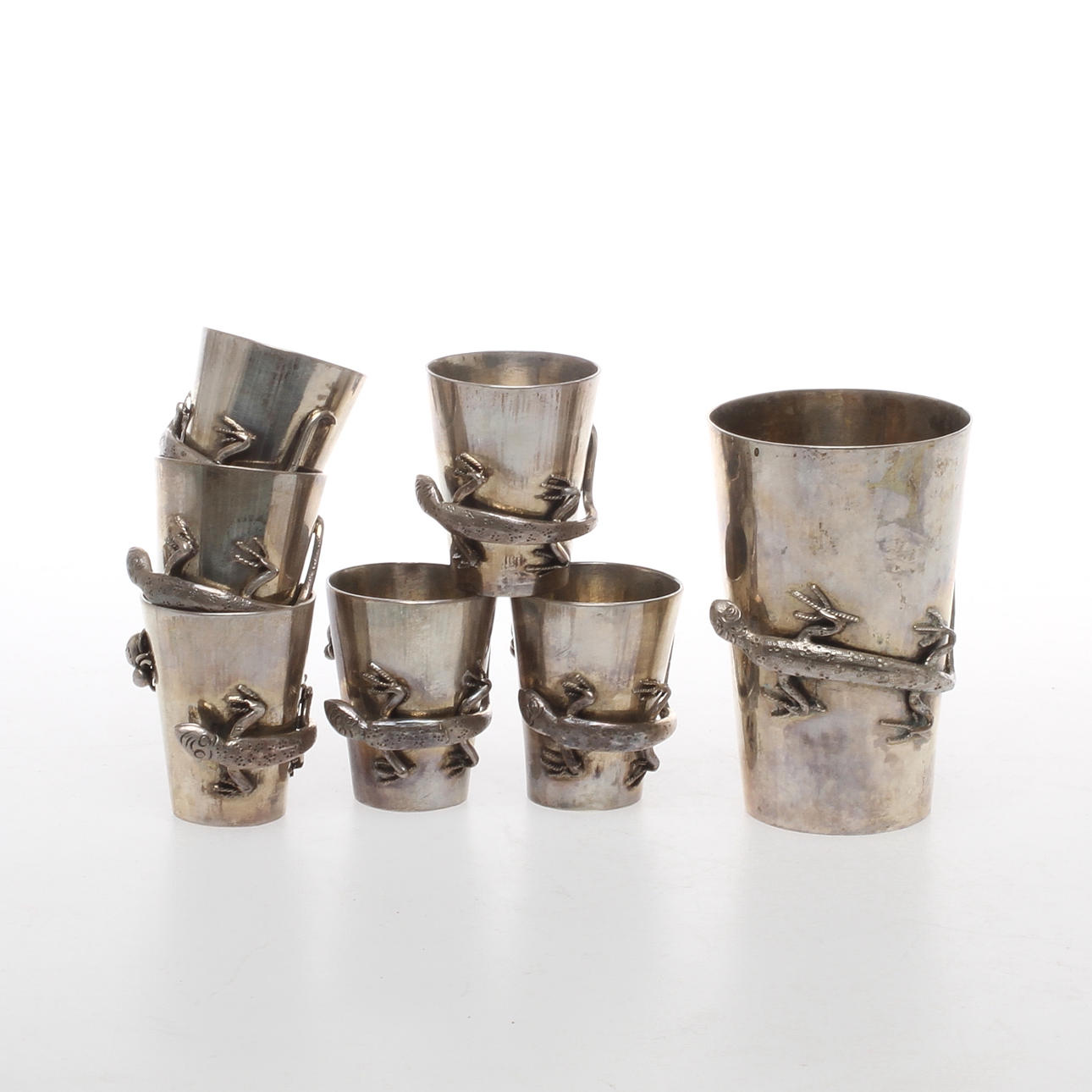 SAKE-SET, 7 delar, silver, orientaliska, 1900-tal.