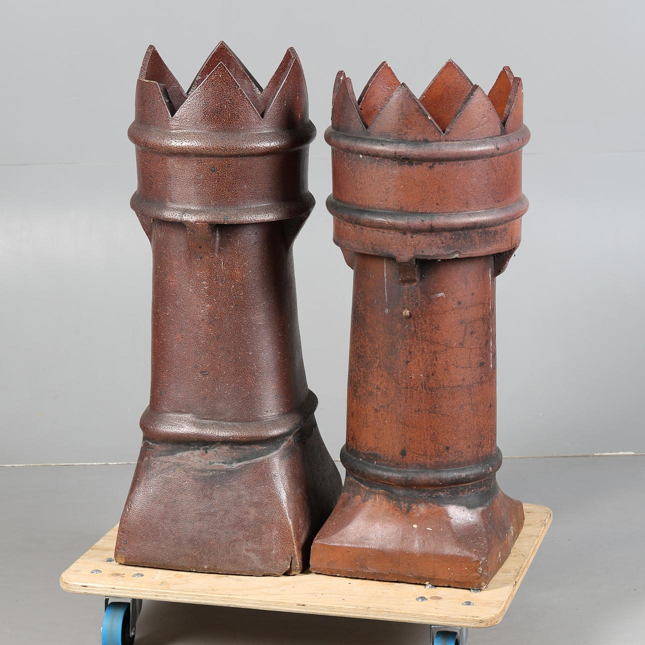 TWO TERRACOTTA CROWN TOP CHIMNEY POTS (2).