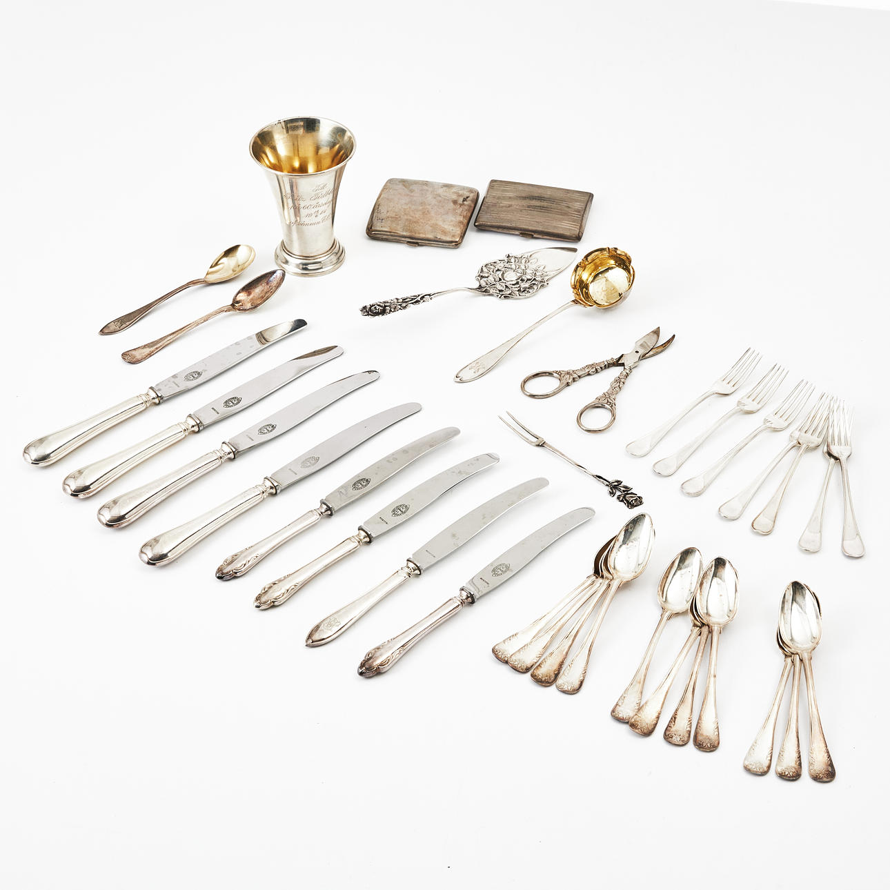 BESTECK, ZIGARETTENETUI, SERVIERBESTECK, SCHERE, Silber, 20. Jahrhundert.