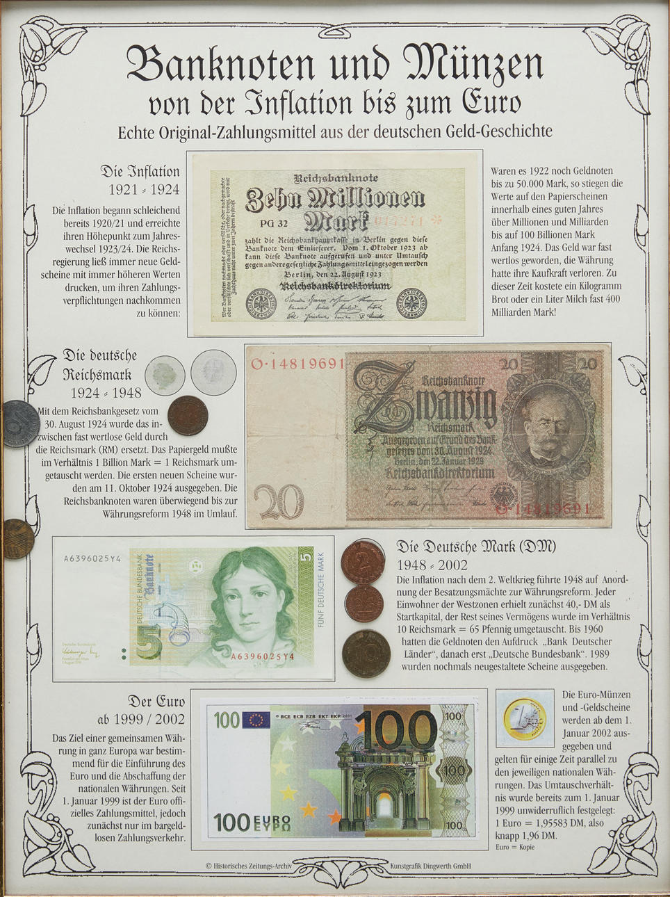 Framed old German banknotes.