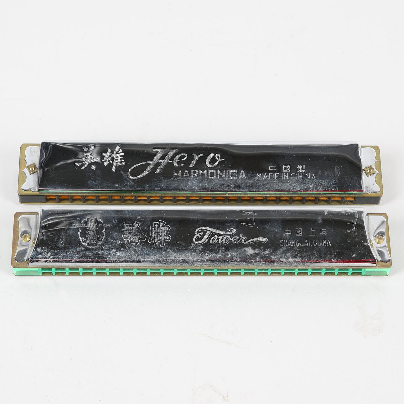 Two original boxes, Tower & Hero Harmonica, China. Collectables