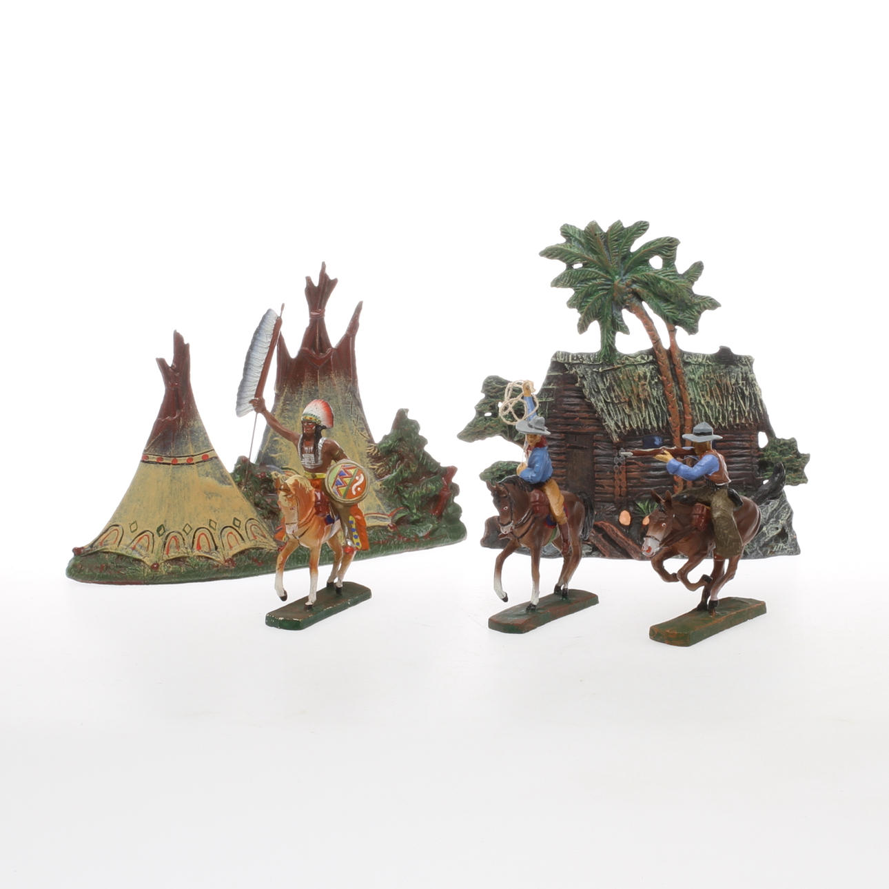 ELASTOLIN dubbeltält, blockhus och tre ryttare till häst.