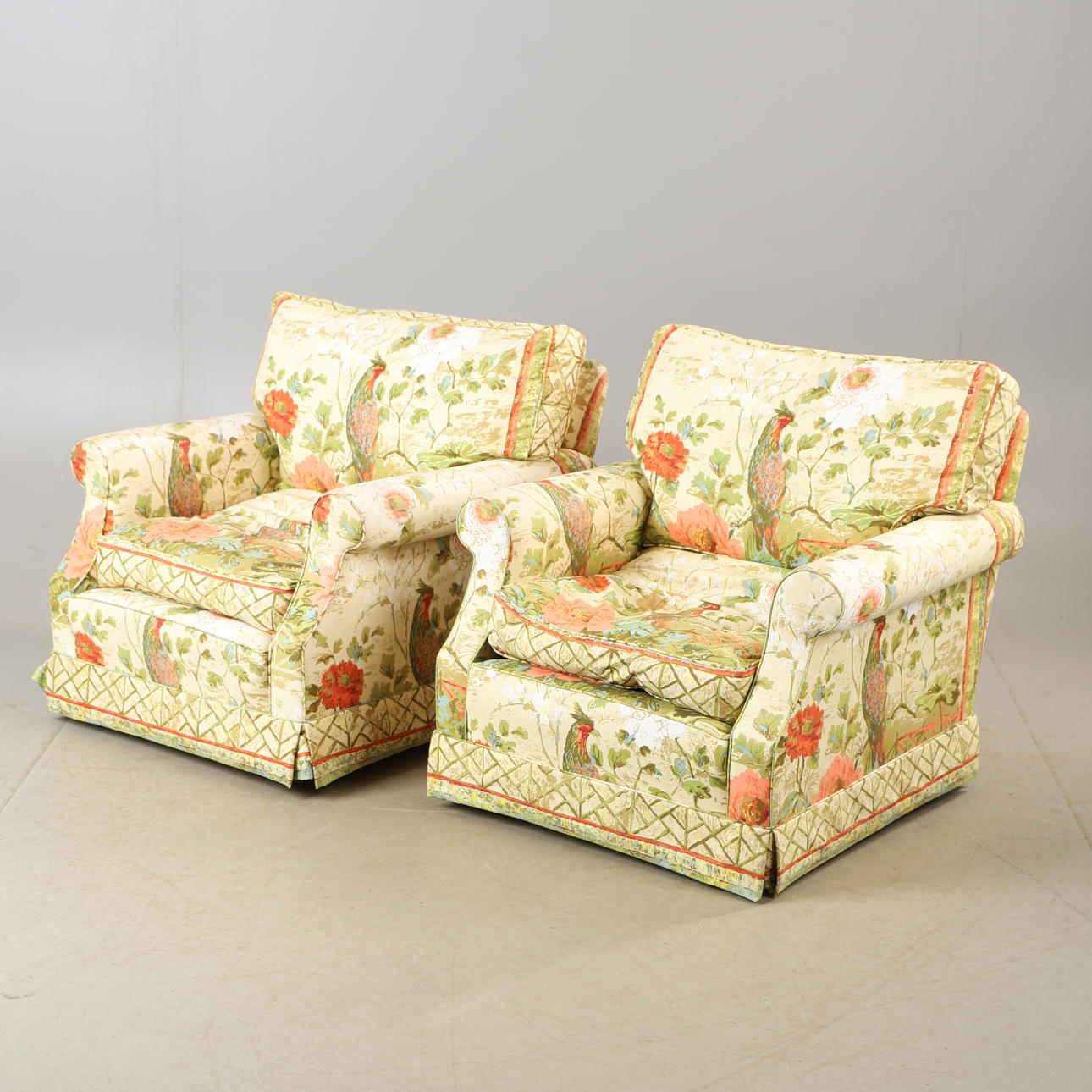 ARMCHAIRS, 1 pair, cretone, England.