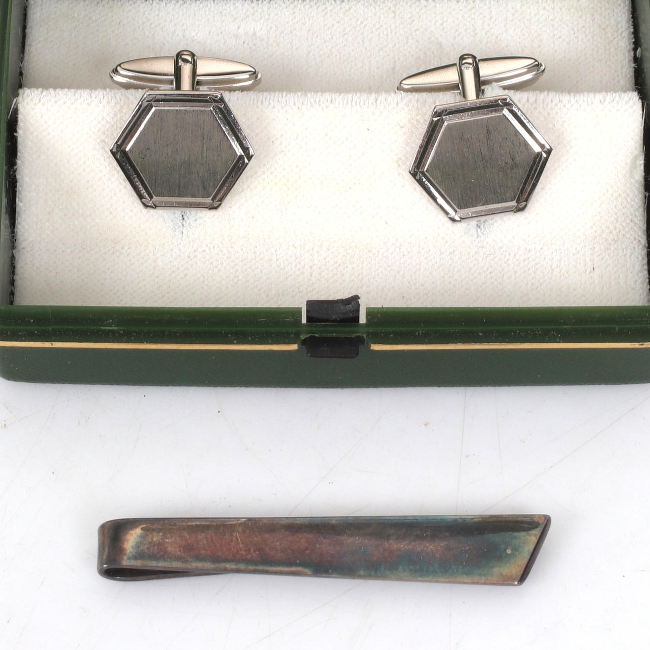 CUFFLINKS, 1 pair, TIE PINS, silver, 20th century.