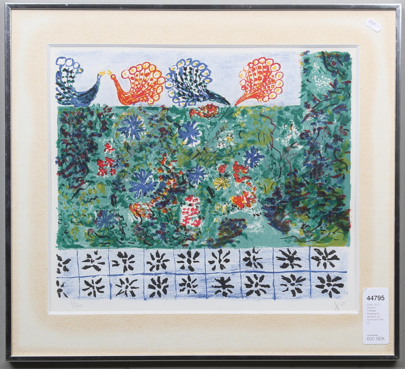 SVEN "X:ET" ERIXSON. "Påfåglar". Färglitografi. Signerad och numrerad 5/360.