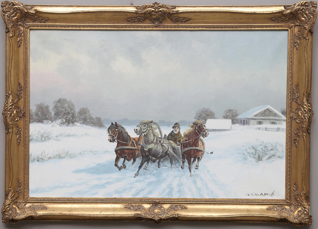 GEORGES CSAPO. Vinterfärd i trojka. Olja på duk. Signerad.