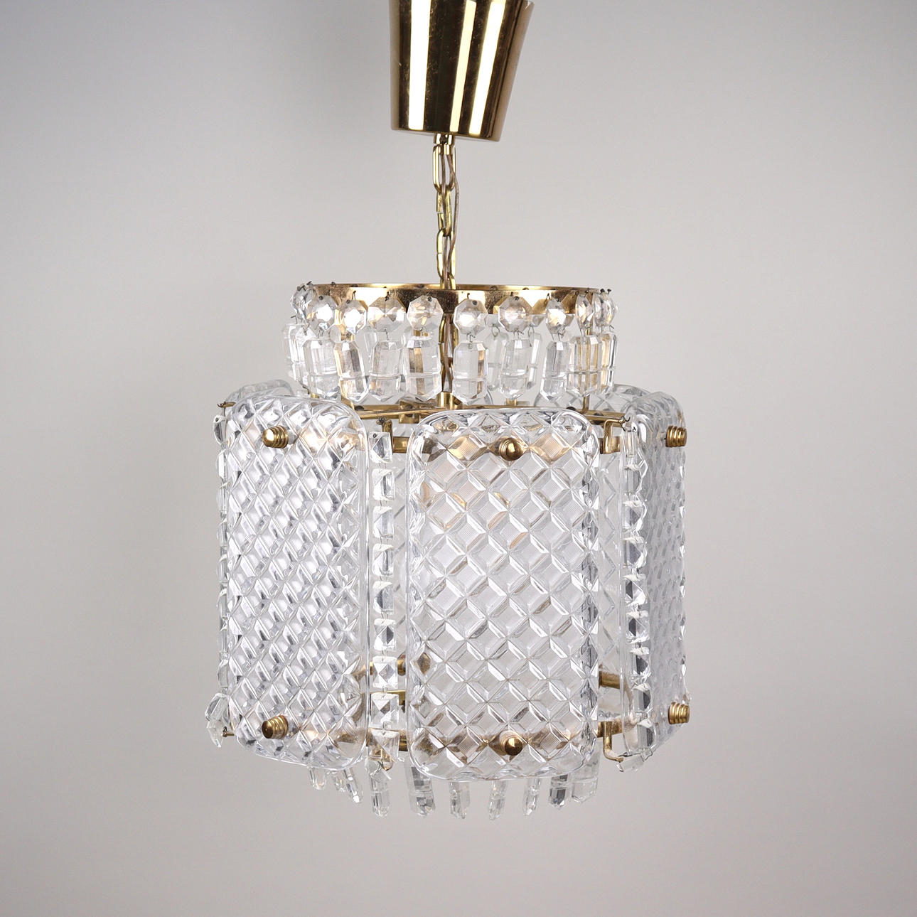 CEILING LAMP, glass tiles and prisms, frame in brass.