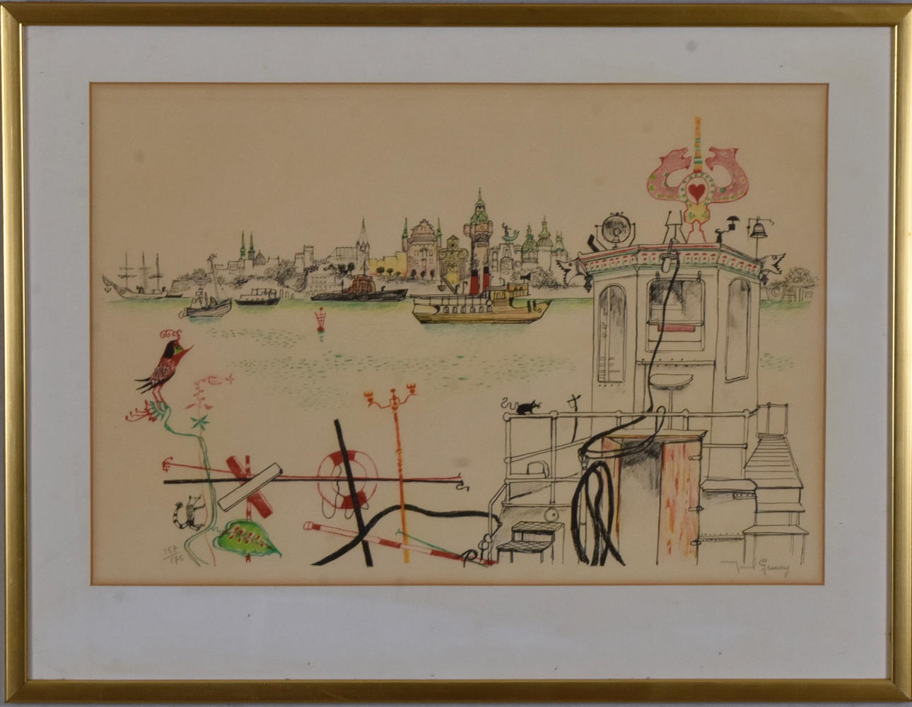 MARCEL GENAY. COLOR LITHOGRAPHY, CITYSCAPE.