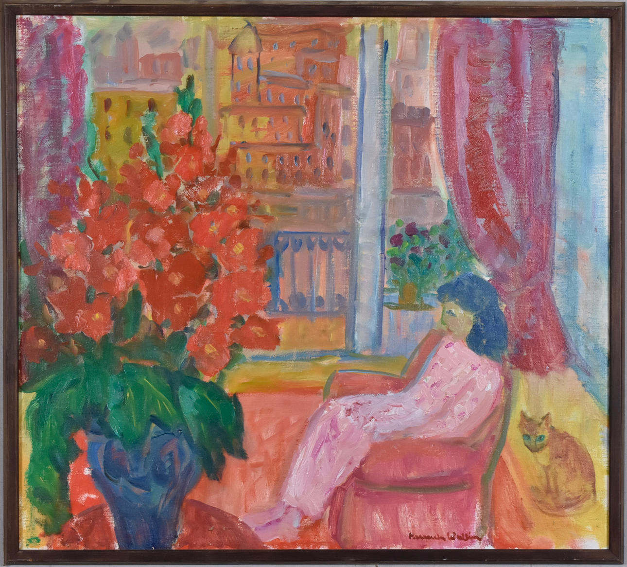 MARGARETA WALLIN. oljemålning, interiör med kvinna.