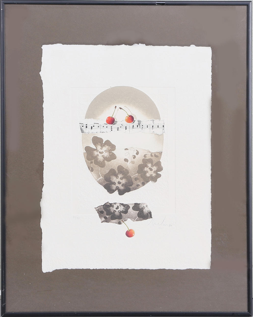 ALAIN SOUCASSE. Komposition med noter och körsbär, etsning, signerad och numrerad 80/90.