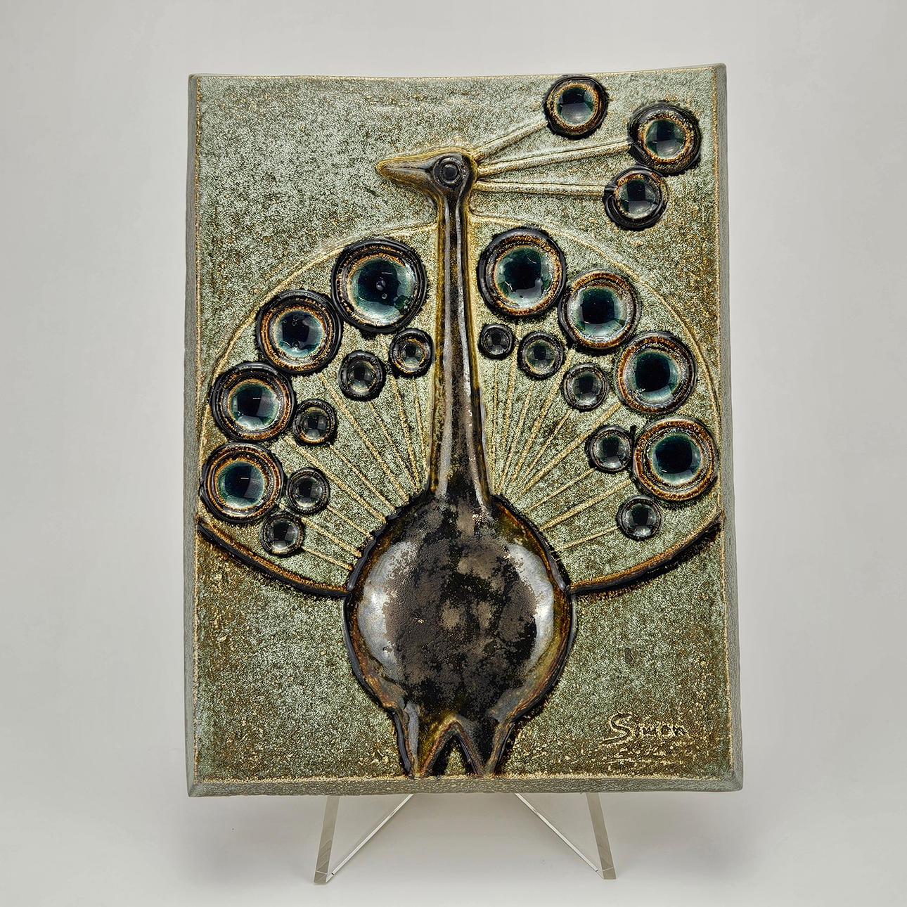 JOSEF SIMON. A ceramic wall relief, peacock, Söholm, Denmark.