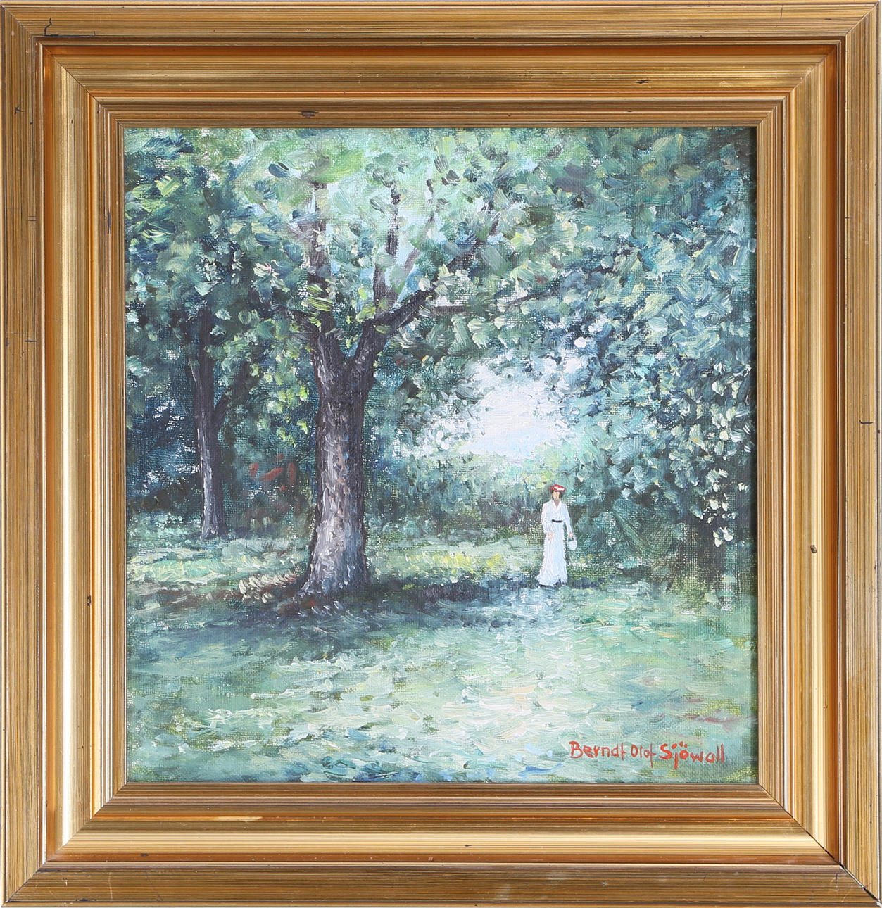 BERNDT OLOF SJÖWALL. "Under höga träd", olja på pannå, signerad.