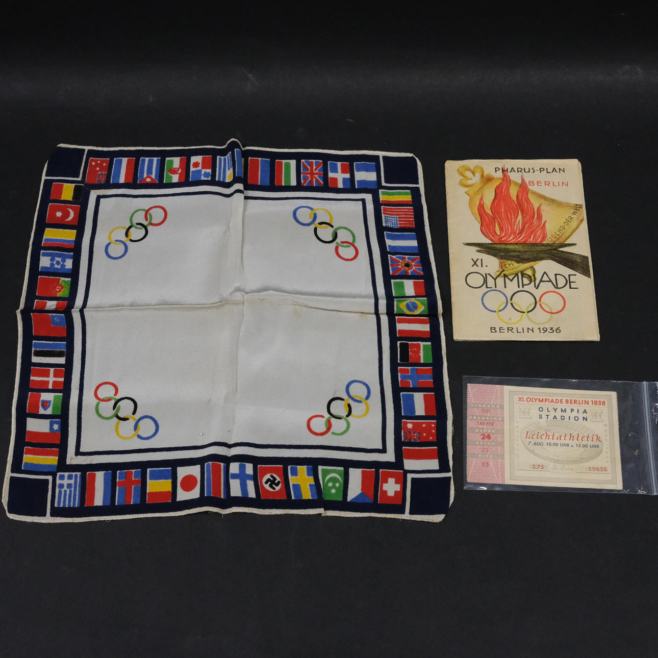 TICKET AND MAP, BERLIN 1936 OLYMPIC GAMES AND HANDKERCHIEF.