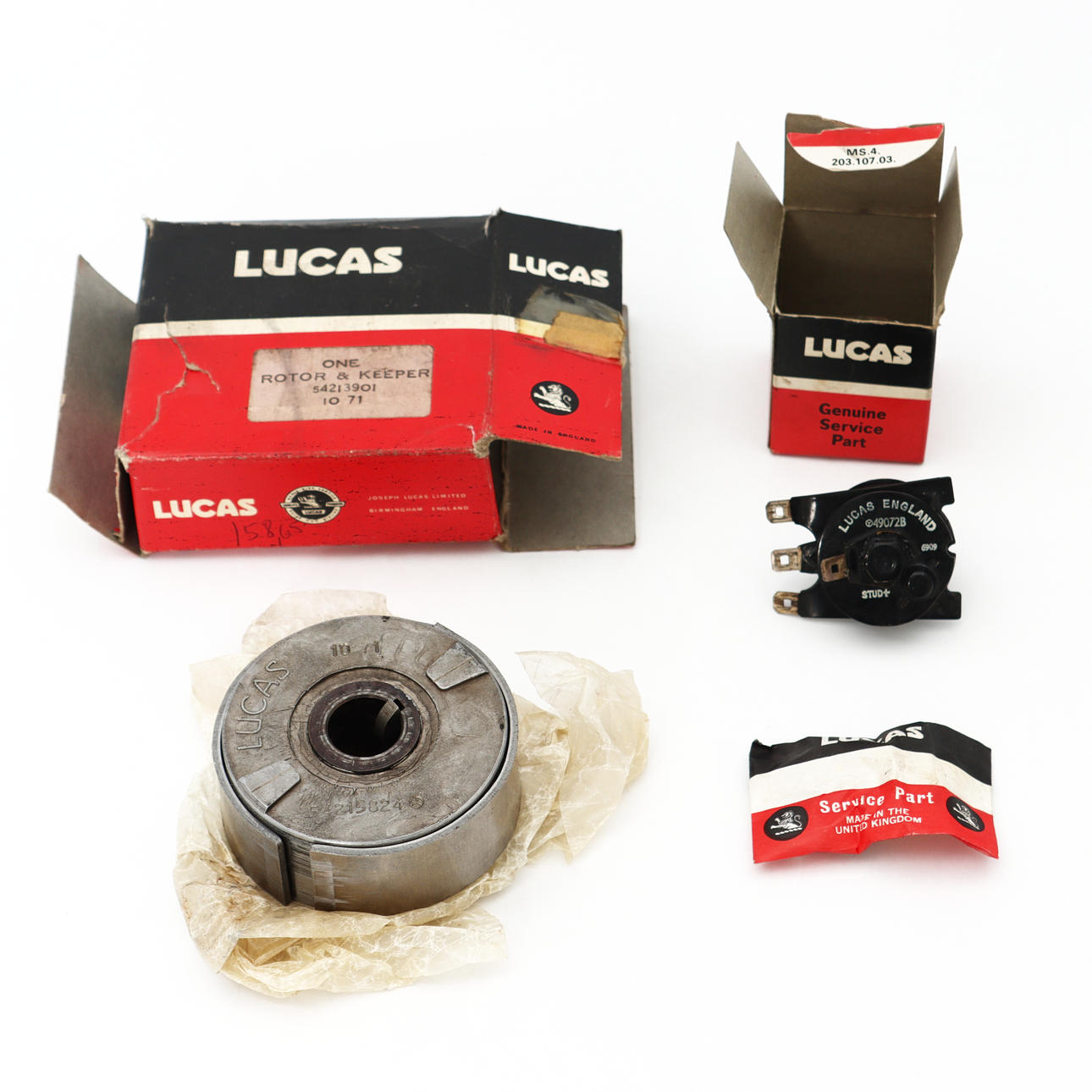 VETERAN MOTORCYCLE, LUCAS, RECTIFIER 49072B AND ROTOR 54213801.